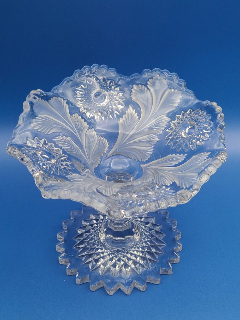Antique Millersburg Hobstar and Frosted Feather Compote Manganese Glow 5.5"H